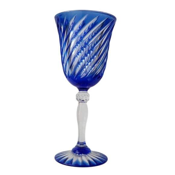 Vtg Cristal D’Arques Durand Valse Cobalt 7” Wine Glass Blue Swirl Cut to Clear - Picture 3 of 7